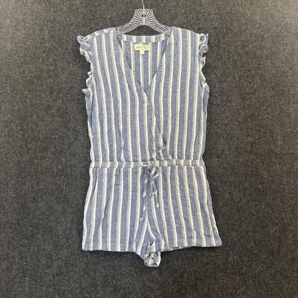 cloth & stone Pants - Cloth & Stone Romper Women's Small Blue Striped Ruffle Sleeve Linen Blend